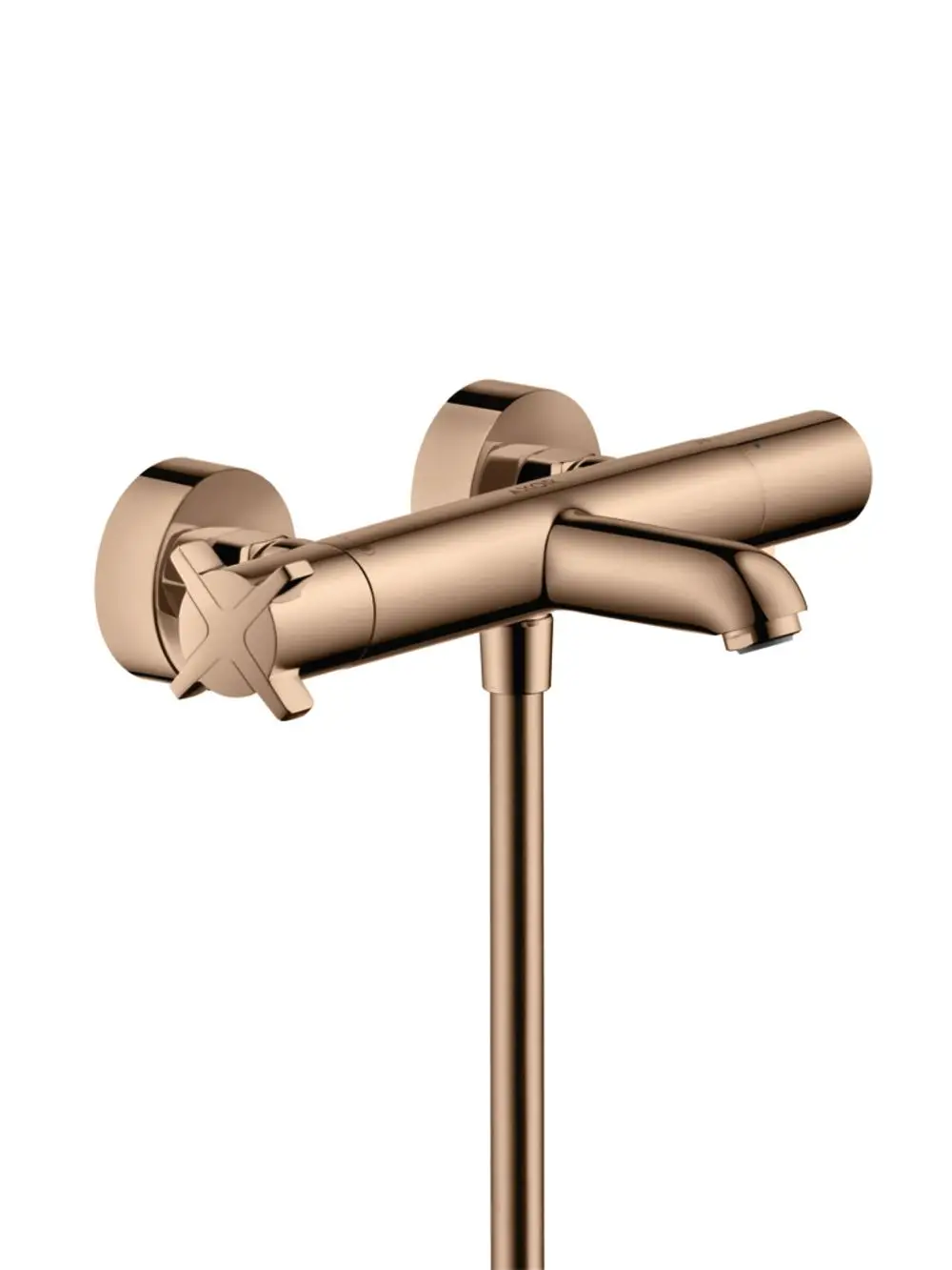 Wandthermostat in glänzendem Rotgold von AXOR, mit zwei Bedienelementen zur Steuerung der Wassertemperatur, montiert an einer glatten Wand.